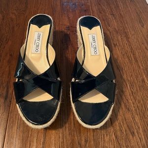 JIMMY CHOO Navy Patent leather wedge